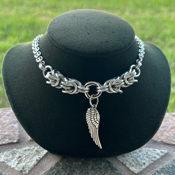 Set ! Handmade maille choker necklace with angel wing + earrings boho valentine - Picture 13 of 14